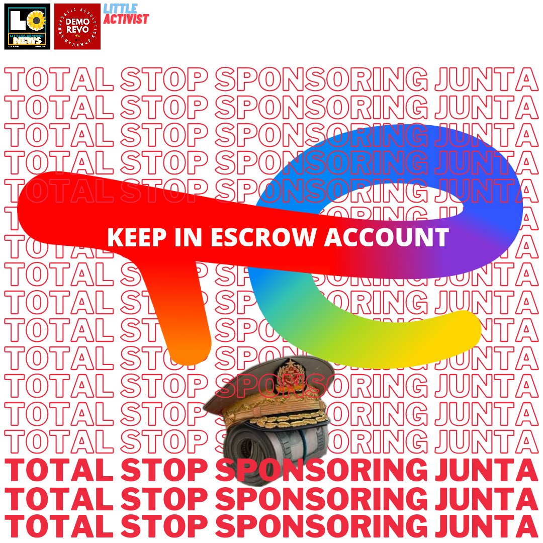 emeralmon's tweet photo. Stop yourself from becoming an accomplice in war crimes and atrocities in Myanmar. Stop legitimizing the Myanmar's military junta with your tax revenues, @TotalEnergies.  #KeepInEscrowAccount #Total_StopSponsoringJunta https://t.co/WUBXsW9twy