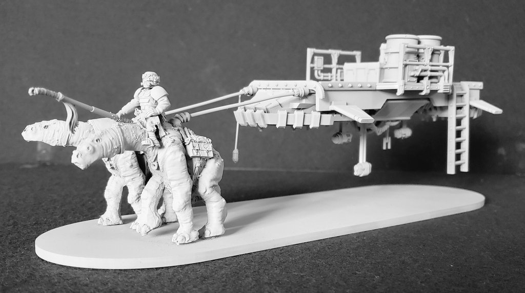 the40kmodeller's tweet photo. Many of you have seen this long-term project of mine. But as #Necromunda Ash Wastes is now out, I thought I should finish a few bits, then get it primed and ready for paint. So I did, here's my Mukaali baggage train with anti grav barge. https://t.co/Bdw4Y78nAY