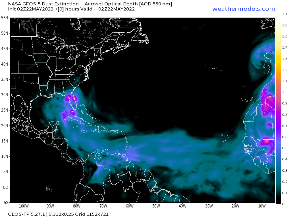 tropicalupdate's tweet photo. The African Dust has arrived! Thicker in the upper levels makes things look hazy... and sometimes more brighter sunrises and sunsets. Anyone have any pics? https://t.co/W7KmGIeLi8 #weather #mwps https://t.co/AJ5lbt5Srk