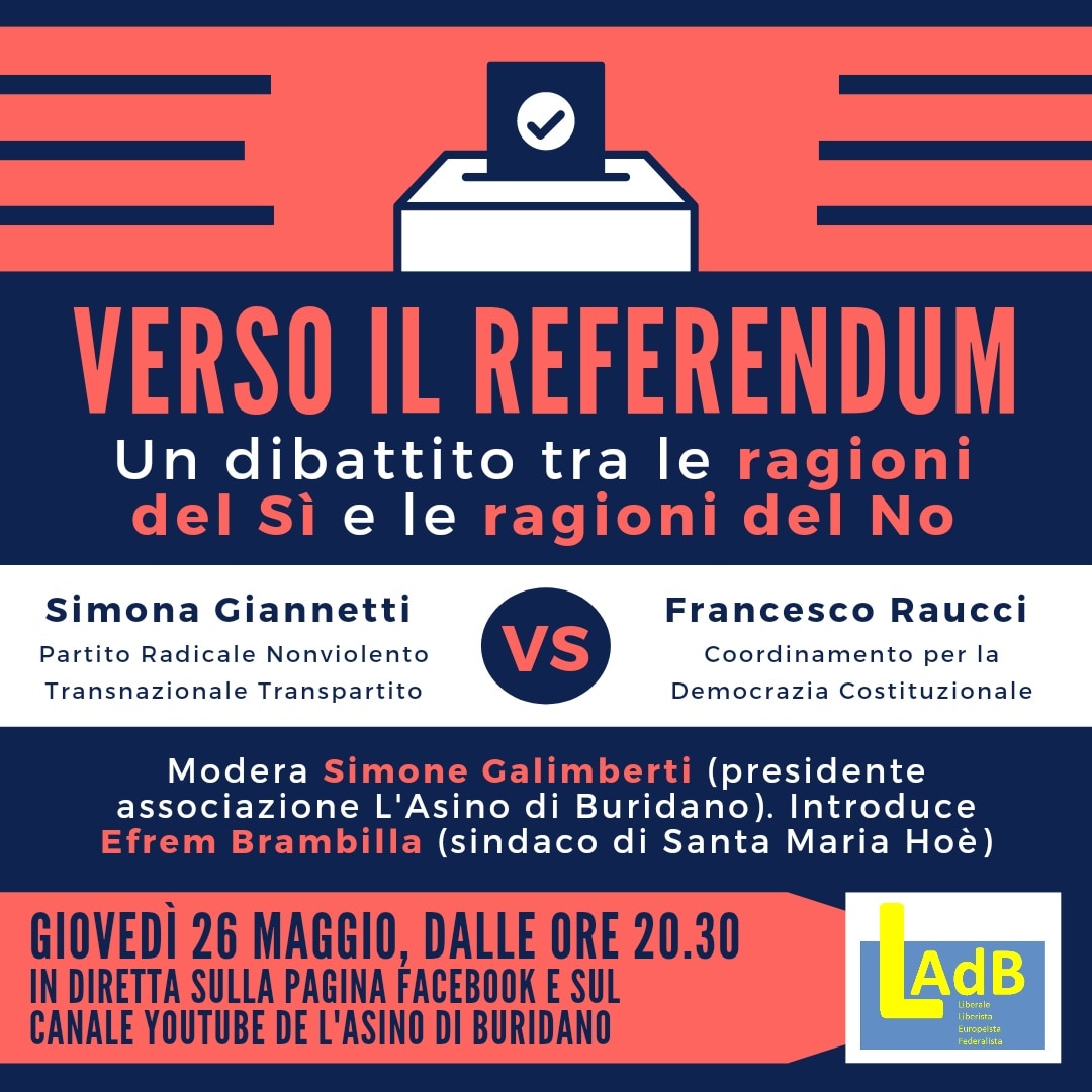 asino_buridano's tweet photo. Se ne parla poco in TV? E allora ne parliamo noi! Giovedì 26, dalle ore 20.30 in diretta sulla pagina Facebook e sul canale YouTube de L'Asino di Buridano, un dibattito tra le ragioni del Sì e le ragioni del No. #LAdB #Referendum #ReferendumGiustizia https://t.co/omk0deqeXn