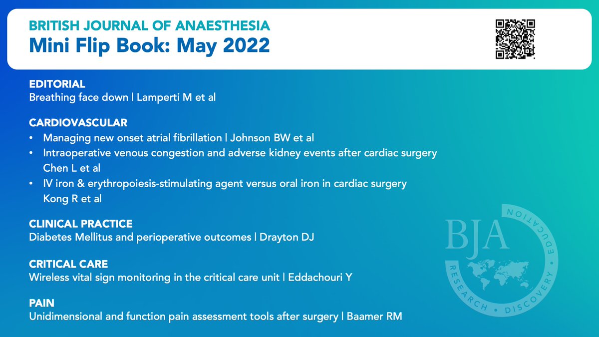 BJAJournals's tweet image. Check out the new @BJAJournals mini flip-book edition. FREE to view during May.

bja128-5.elsevierdigitaledition.com

Original articles on #proneventilation #atrialfibrillation #AKI #IViron #diabetes #diabetesmellitus #wirelessmonitoring #postoperativepain