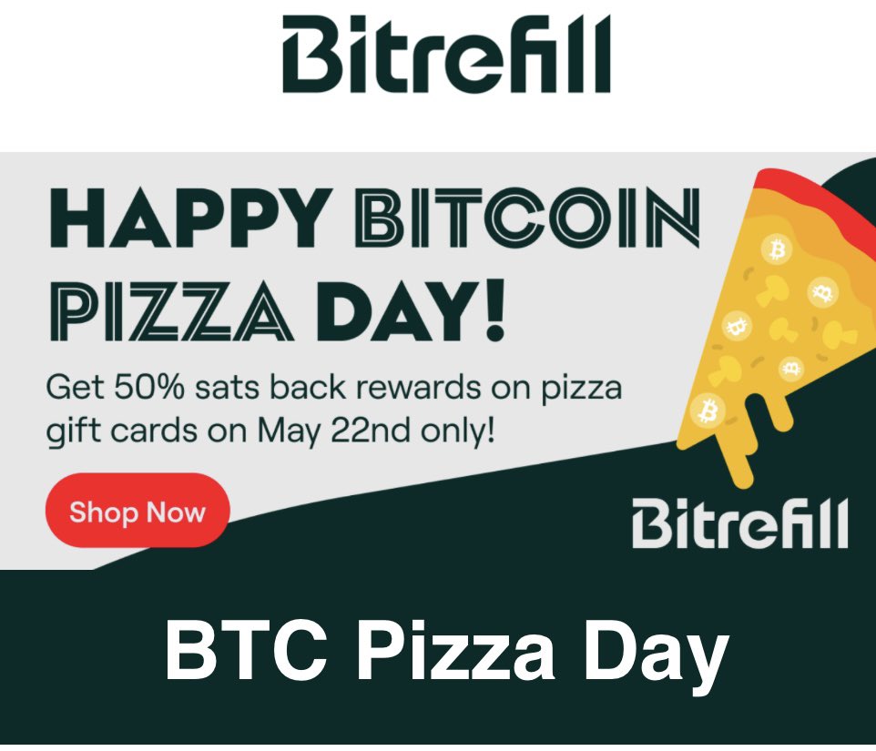 50% off pizza today through <a href="/bitrefill/">Bitrefill</a>. May 22 is #bitcoin pizza day. On this day in 2010 a pizza was bought with bitcoin marking the first time bitcoin was used to buy goods. <a href="/thomasbtc/">Thomas</a>