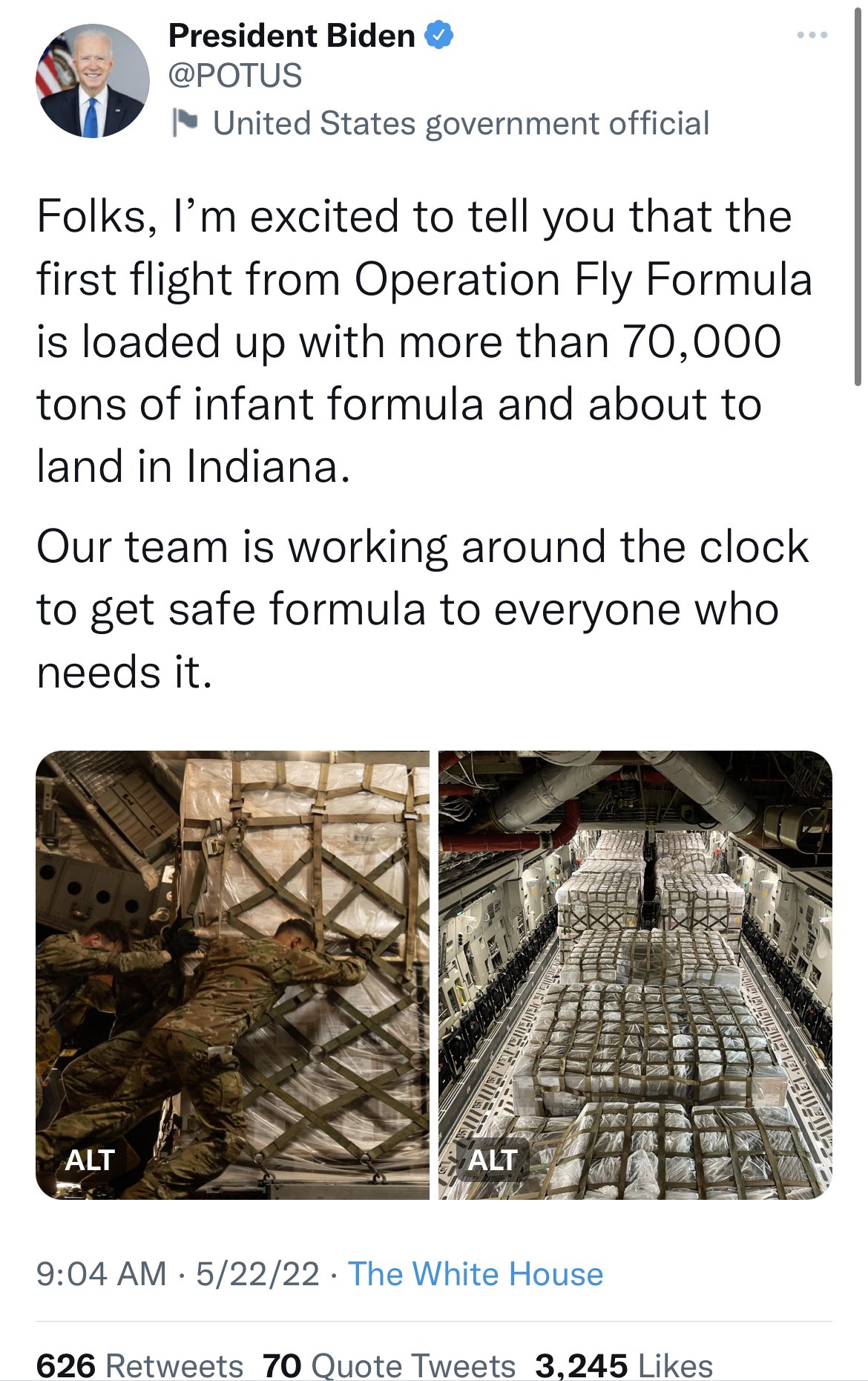 Parasit Postkort Marvel Steve Krakauer on Twitter: "Official @POTUS account tweets the U.S. is  receiving 70,000 tons of baby formula. Actually it's 70,000 pounds, so less  than 40 tons. Now deleted. Not before it was