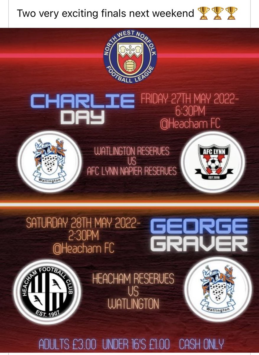 Wattyssfc's tweet photo. A cup final double header for the club next weekend. @YLPSport @TheLynnNews https://t.co/B4LVyUglK4