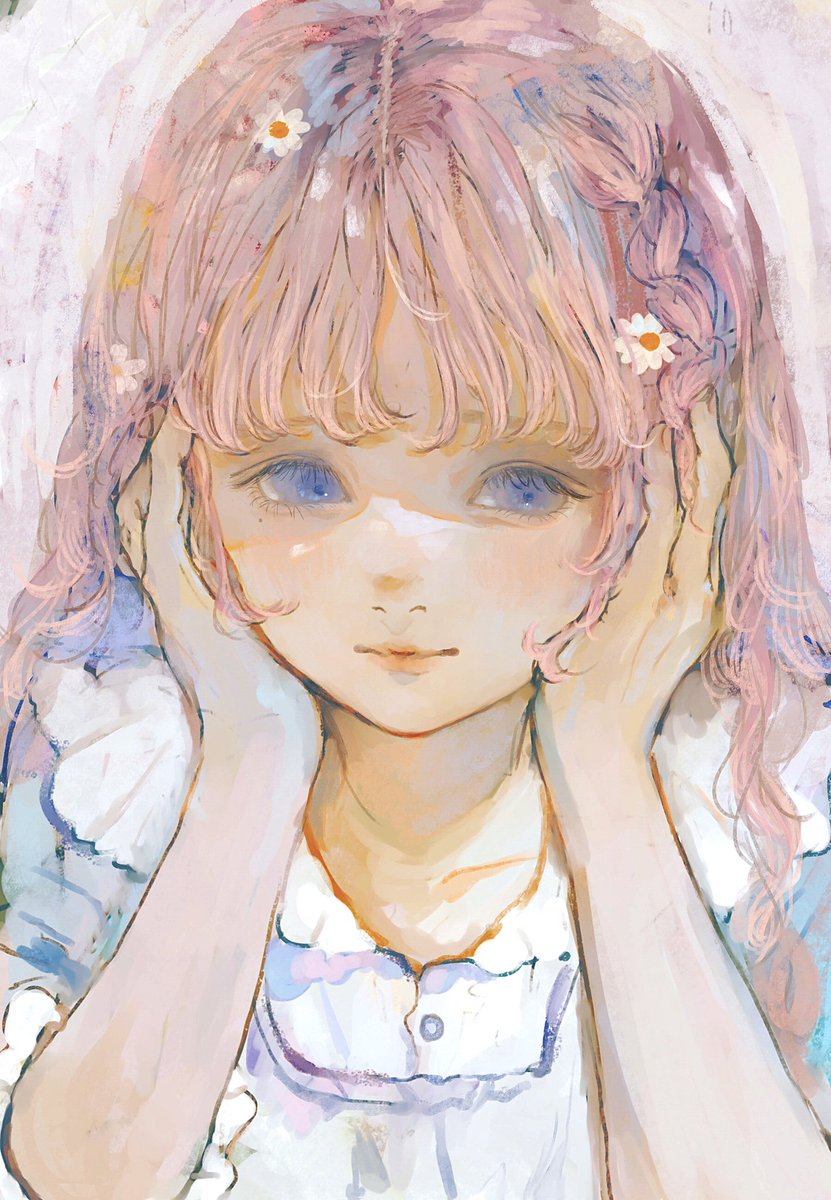 1girl solo flower blue eyes braid pink hair hands on own face  illustration images