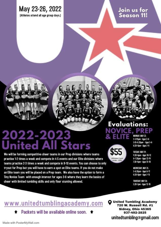 Registration is now open for the 2022-2023 UA Cheer Season! 
Click on the link below to register for evaluations. We can't wait to see everyone tomorrow!

app.iclasspro.com/portal/unitedt…