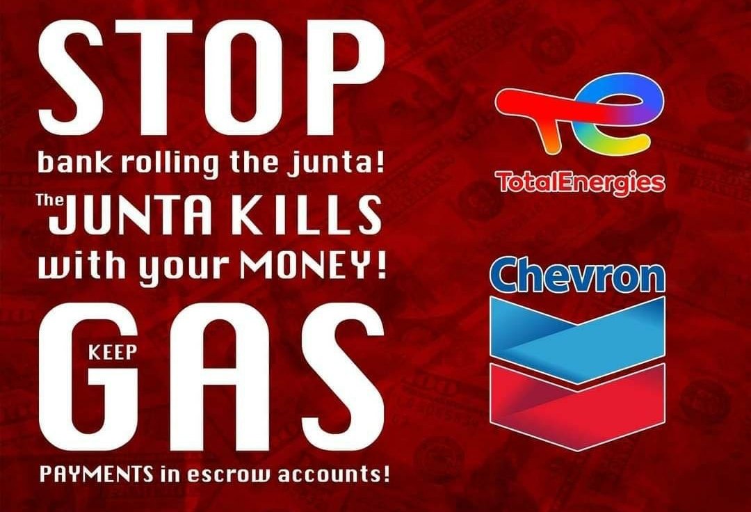 .<a href="/Chevron/">Chevron</a> <a href="/TotalEnergies/">TotalEnergies</a> Stop Funding Myanmar Junta's Crimes Against Humanity! Cut the flow of Gas Revenues to the Murderous Myanmar Military! Stop financing the atrocity crimes of Bloodthirsty Min Aung Hlaing's Terrorists!
#Total_StopSponsoringJunta
#Chevron_StopSponsoringJunta