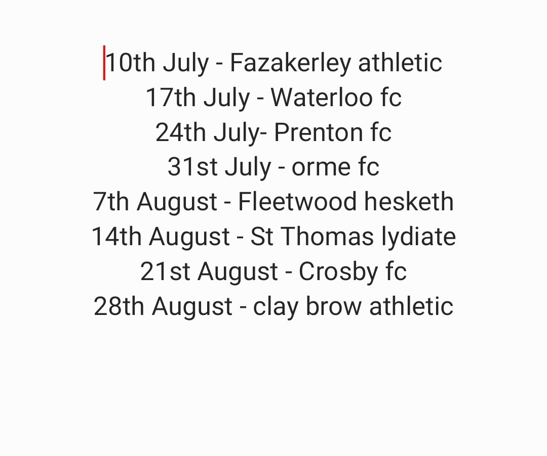 AlbionSouthport's tweet image. Our pre season all sorted to the teams who were playing we will be in touch nearer the time to sort out costs etc. @ClayBrowAth @FazakerleyAthFC @_WaterlooFC @PrentonFC @fc_orme @FleetwoodHeskFC @FcLydiate @Crosbyfootball1