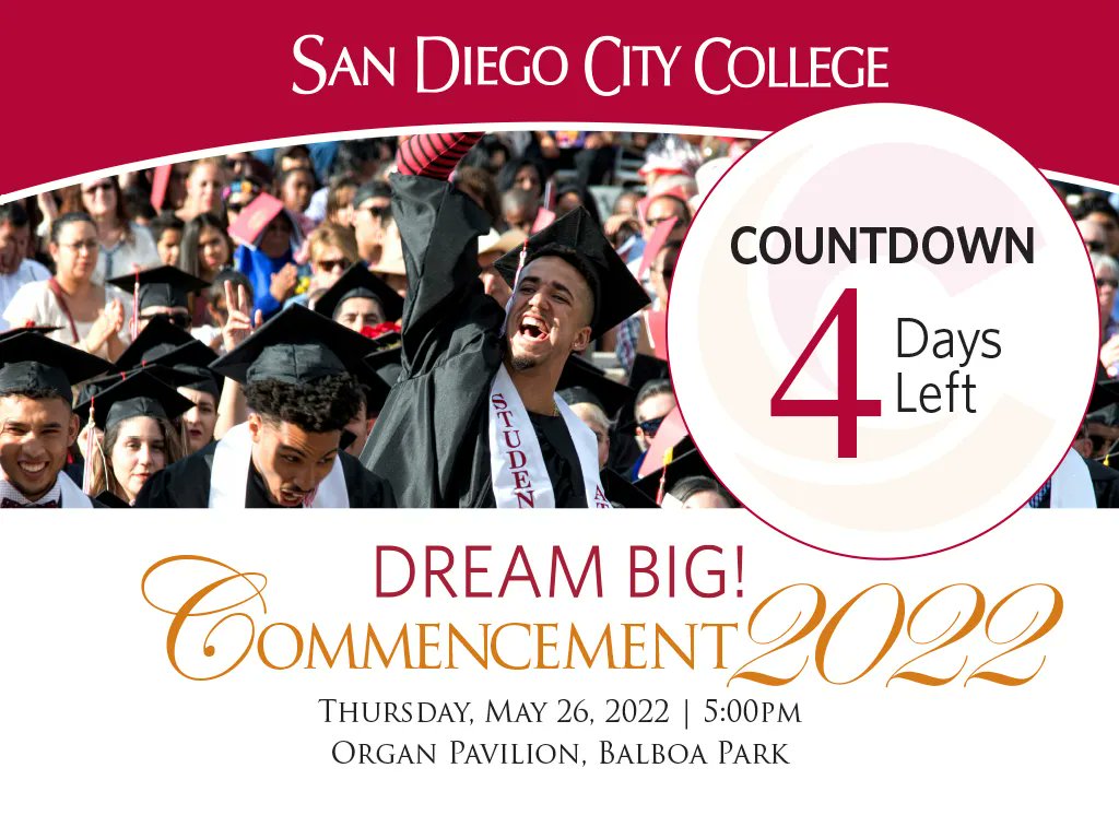 4 days left until our 2022 Commencement! 
🎉 whoop whoop 🎉
#sharecity #iamcitycollege #sdcitygrads #2022commencement