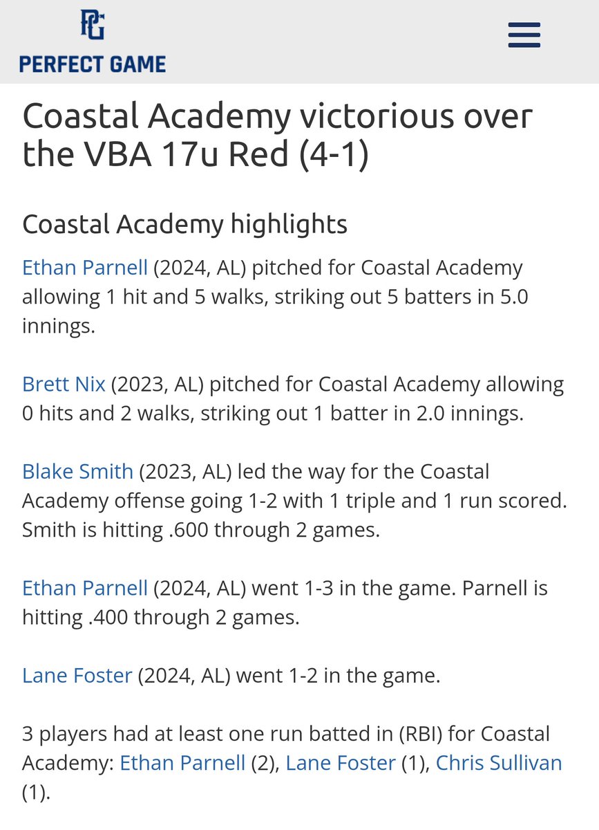 Coastal Sports Academy (@csa_training) on Twitter photo <a href="/EthanParnell11/">Ethan Parnell</a> - RHP/3B/2B
<a href="/NixBrett20/">Brett Nix</a> - UTL/RHP
<a href="/blake_smith21/">blake</a> -MIF/RHP/OF/C
<a href="/LaneFos25050270/">Lane Foster</a> -C/1B/3B/RHP
<a href="/chrissullivann/">Chris Sullivan</a> -RHP
All having a great game 2 yesterday against an competitive VBA program! <a href="/EthanParnell11/">Ethan Parnell</a> - RHP/3B/2B
<a href="/NixBrett20/">Brett Nix</a> - UTL/RHP
<a href="/blake_smith21/">blake</a> -MIF/RHP/OF/C
<a href="/LaneFos25050270/">Lane Foster</a> -C/1B/3B/RHP
<a href="/chrissullivann/">Chris Sullivan</a> -RHP
All having a great game 2 yesterday against an competitive VBA program!