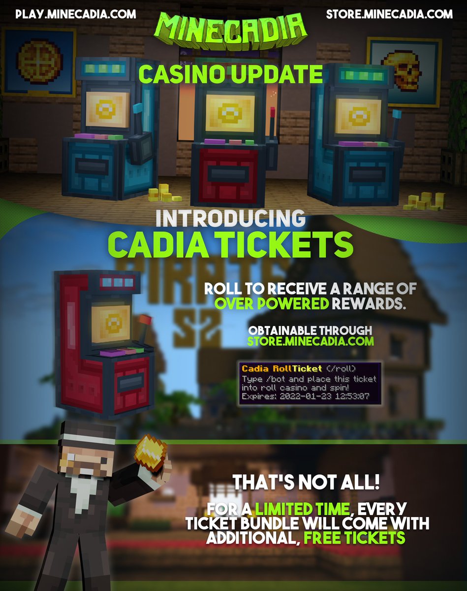 PlayMinecadia's tweet photo. Cadia Roll Tickets have officially been released on our store! 🏴‍☠️

In celebration, we'll be giving away the following:
🎫 3x Cadia Tickets
🎫 6x Cadia Tickets
🎫 12x Cadia Tickets

Follow us, Retweet, and Like to enter! 💛 https://t.co/6jLr1SMCnz