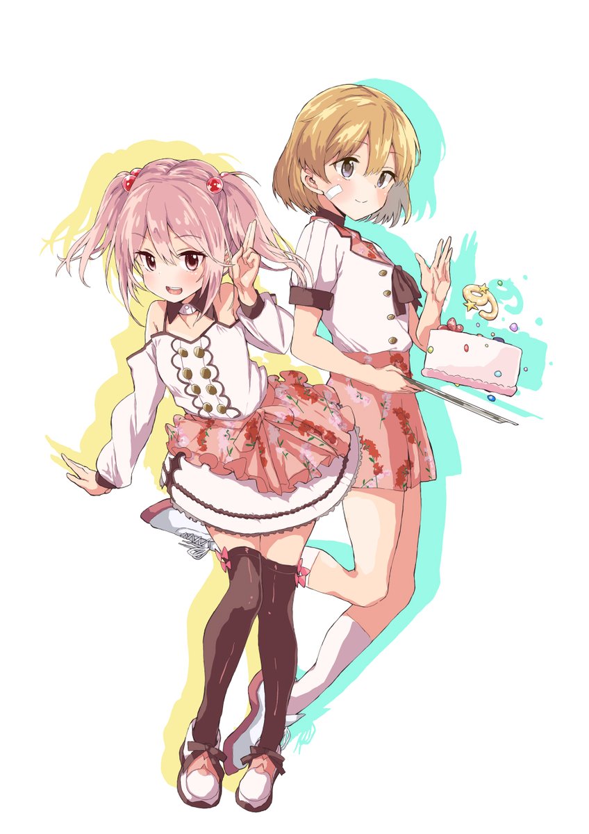 oboro (kancolle) ,sazanami (kancolle) multiple girls 2girls twintails pink hair short hair skirt bandaid  illustration images