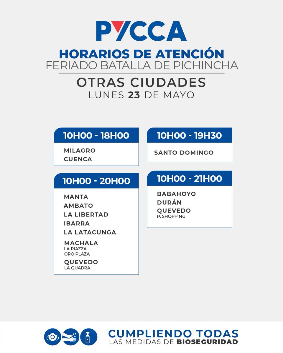 AlmacenesPycca's tweet photo. Les compartimos nuestros horarios de este 🗓lunes 23 de mayo, pensando en ti y en tu comodidad. 🕣
¡Nos vemos en #Pycca! https://t.co/8azz7PFZAp