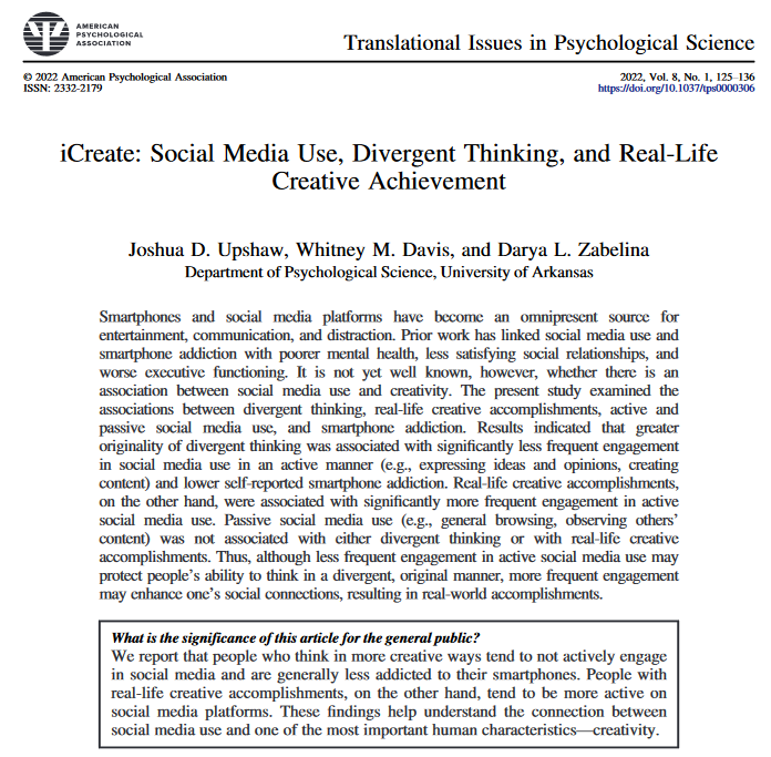 Newly-published research from @UofAGradSchool student <a href="/JoshuaUpshaw6/">Joshua D. Upshaw</a>, <a href="/Fulbrighthonors/">Fulbright Honors</a> alum Whitney Davis, and their <a href="/uarkfulbright/">Fulbright College of Arts and Sciences</a> mentor <a href="/darya_zabelina/">Darya Zabelina</a> 

psycnet.apa.org/record/2022-62…