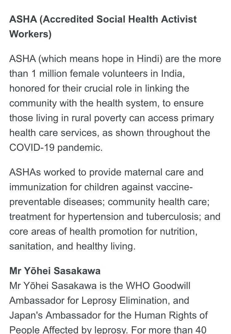 Congratulations to a million of #ASHA worker in India. 👏🏻👏🏻🎉🎉

Each one of them need appreciation and recognition for their work always and specially during the #COVID-19 pandemic.

One such recognition from <a href="/WHO/">World Health Organization (WHO)</a> 

ASHAs are Global Healthcare Leaders Awardee 2022 

<a href="/DrTedros/">Tedros Adhanom Ghebreyesus</a>