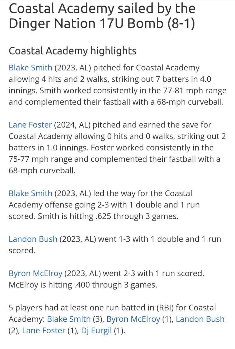 Coastal Sports Academy (@csa_training) on Twitter photo <a href="/blake_smith21/">blake</a> continues his tear and does his job on the mound today!
<a href="/LaneFos25050270/">Lane Foster</a>
Landon Bush with gap double
<a href="/bmac_1204/">Byron McElroy</a> playing a consistent tournament so far
DJ Eurgil also doing a great job behind the plate today with an RBI <a href="/blake_smith21/">blake</a> continues his tear and does his job on the mound today!
<a href="/LaneFos25050270/">Lane Foster</a>
Landon Bush with gap double
<a href="/bmac_1204/">Byron McElroy</a> playing a consistent tournament so far
DJ Eurgil also doing a great job behind the plate today with an RBI