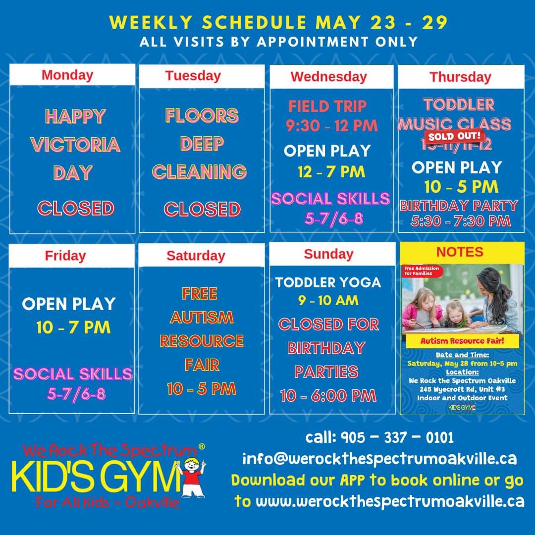 Schedule for the week! 

Please note we will be closed on Monday and Tuesday for floors deep cleaning.

#wrtsoakville #schedule #gym #play #sensoryplay #sensorygym #inclusion #allabilities #autism #autismresources #autismawareness