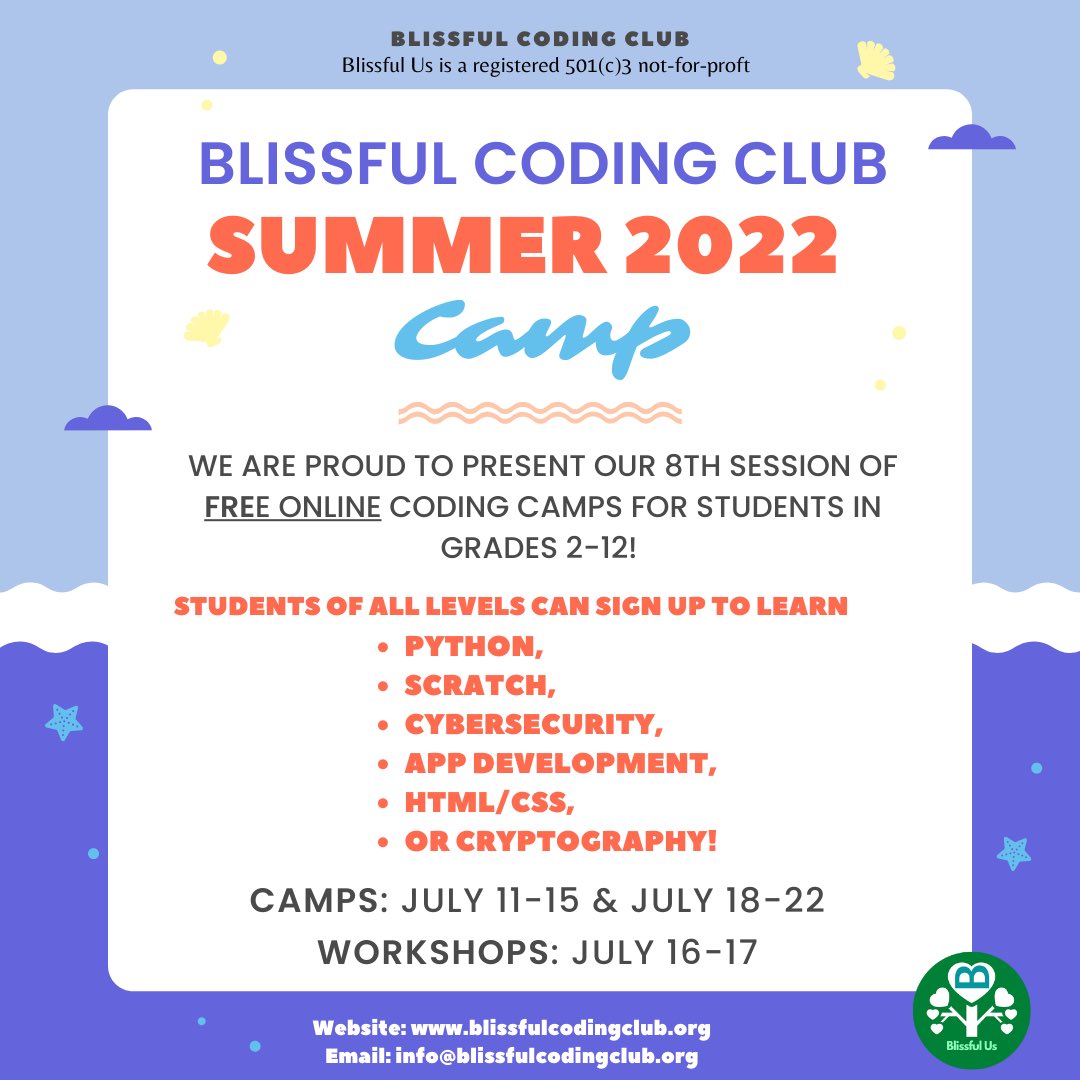 BlissfulUs's tweet image. Summer camp registration for #freecodingclasses is open @BlissfulUs! #Camp dates are July 11-22, claim your spot fast!#STEM #stem #stemeducation #nonprofit