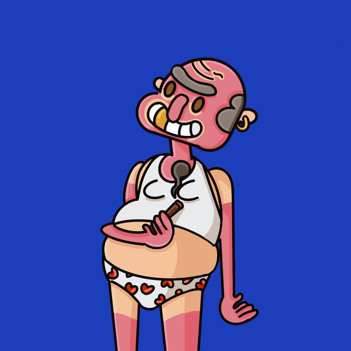 This is Ernie!! Another of our usual customers. He has a golden tooth because "you can no longer trust the banks" and his horrible tan is his brand image. He's always smoking his Cuban cigarette sitting on the terrace playing cards.  #NFTCommunity   #NFTGiveaways   #nfts #Crypto