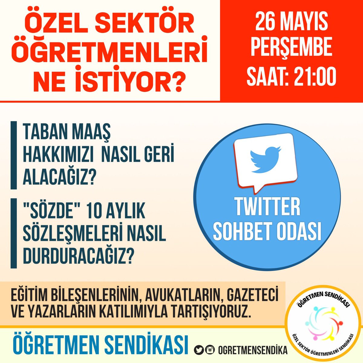 🎙️Taban maaş hakkımızı geri alabilmek için yürüteceğimiz mücadelenin yöntemlerini tartışmak ve güvencesizliğin önünü açan yasa dışı çalışma koşullarına karşı haklarımızı konuşmak üzere bir araya geliyoruz.
📌Taban Maaş HAKKIMIZI nasıl GERİ ALACAĞIZ? 
Perşembe 21.00🎙️
