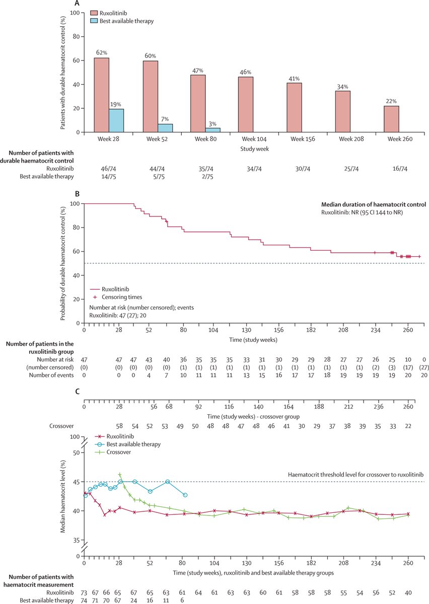 Ruxolitinib versus best available therapy in inadequately controlled PV without splenomegaly (RESPONSE-2): 5-year follow up thelancet.com/journals/lanha… Ruxolitinb provide clinical benefit re: need for phlebotomies, VTE risk, PV symptoms, OS, EFS, and JAK2 V617F allele burden #mpnsm