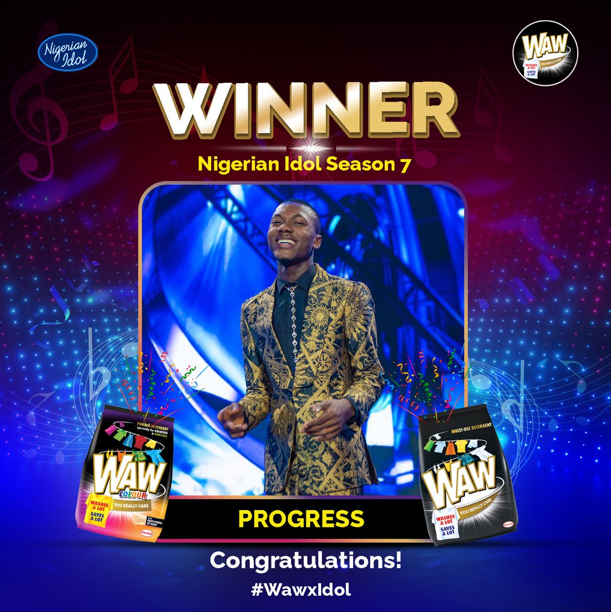 wawnigeria's tweet photo. Congratulations to @ProgressTweet_  #NigerianIdol season 7 winner. 

Enjoy a WAWMazing win.

#WAWNigeria #WAWDetergent #WAWClassic #WAWColour #PreservesColours  #Laundry  #NigerianIdol  #WAWxIdols https://t.co/4jmwlNN0x3