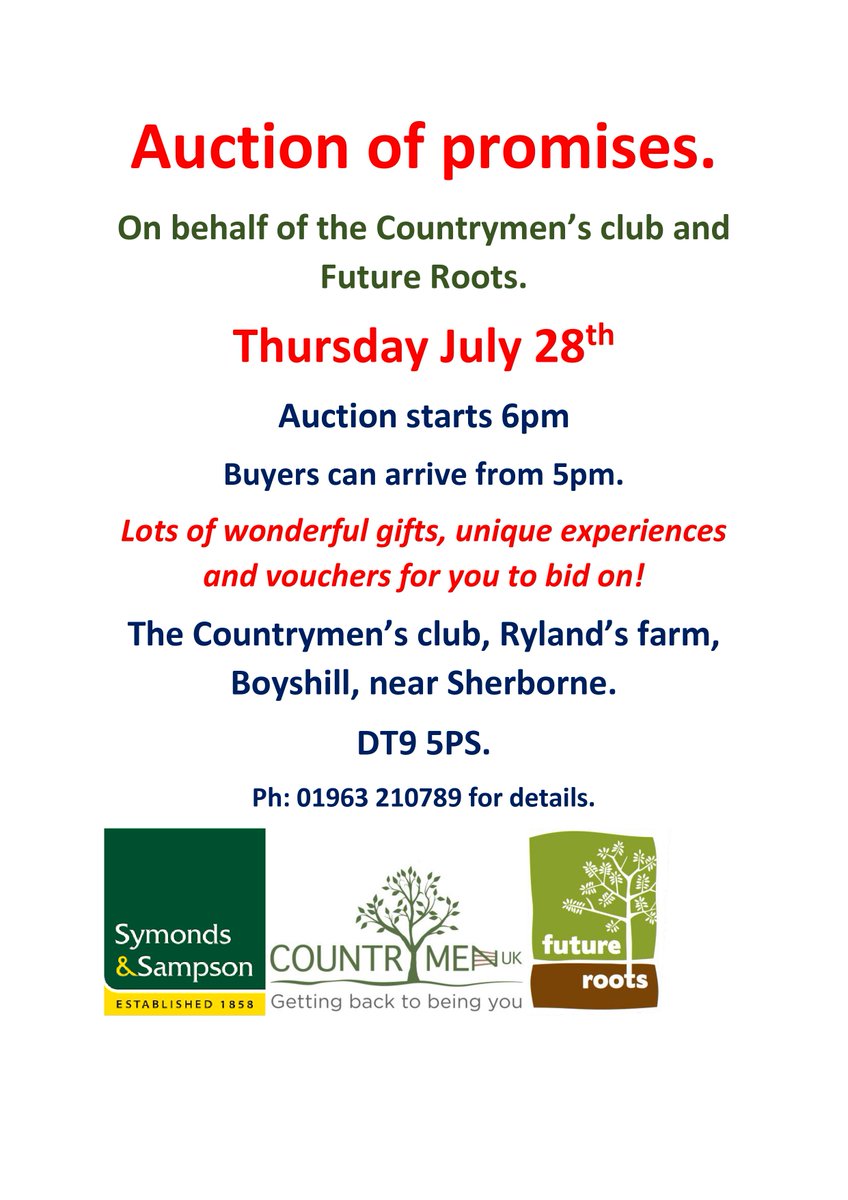 Future Roots &amp; <a href="/Countrymenuk1/">Countrymenuk</a> Action of Promises 28th July
event kindly hosted by <a href="/symsam/">symsam</a> Symonds &amp; Sampson
any donations in support of the event please contact julie@futureroots.net or 01963 210703
#socialinclusion #communitysupport #auction #corporateresponsibilty