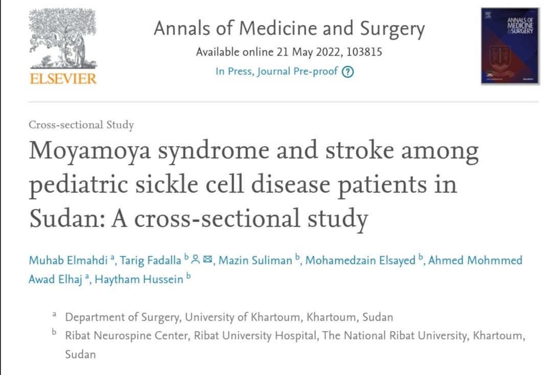 tarigfadalla's tweet photo. New Publication Alert!

Check out our new published paper entitled " Moyamoya syndrome and stroke among pediatric sickle cell disease patients in Sudan: A cross-sectional study" published in Annals of Medicine and Surgery.

Full text ➡️: https://t.co/fwNfy3LiEB

#MedTwitter #nsg https://t.co/ELkQ24f6nP