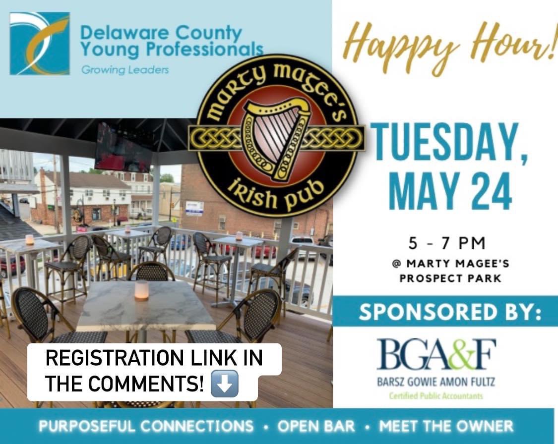 DelcoChamber's tweet photo. #sundayblues?? Get ready for a happy hour on Tuesday on the deck at Marty Magee's! The sun ☀️ won’t be as hot, but the drinks 🍻will be cold! All are welcome! 😊
.
Registration info in the comments ⬇️ #network #delcobiz #supportlocal #smallbusiness #happyhour #youngprofessionals https://t.co/xCOFPiU7hP