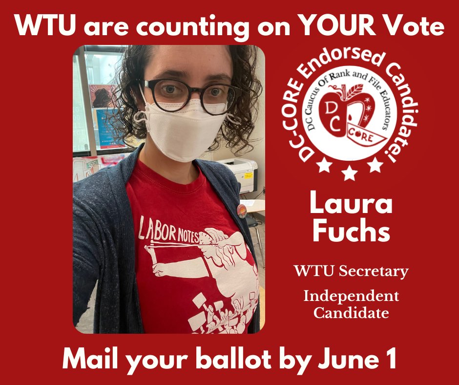 DC_CORE's tweet photo. DC-CORE members have voted to endorse Laura Fuchs (@DCWard7teacher) as Secretary of the WTU because she has shown a commitment to transparency, member voice and action. Read more about Laura's positions at: https://t.co/E8xdglxyif https://t.co/FHh41c7hms