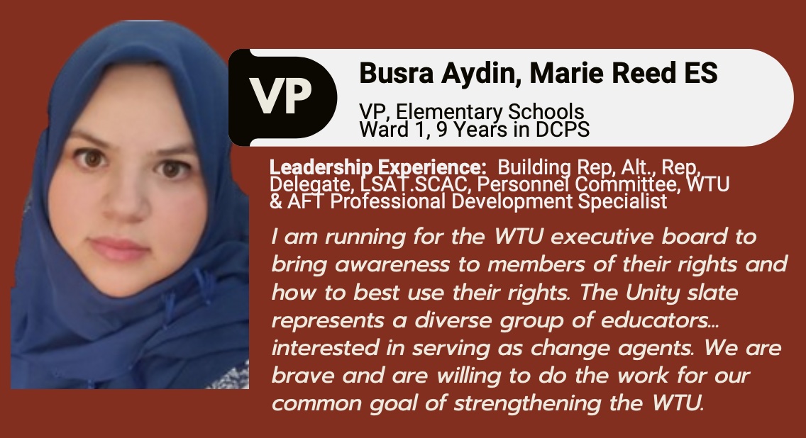 DC_CORE's tweet photo. DC-CORE is endorsing the Unity slate which includes Busra Aydin for VP, Elementary Schools. "We need a collective approach that is responsive to the staff that face the day to day operational challenges." Read more at https://t.co/8I2Cb8be8i https://t.co/x1Dr0jNE0a
