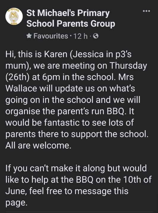 ‼️Our recent Facebook post.‼️ The next parent group meeting is Thursday 26th May 6pm at the school. <a href="/SMPG1964/">St Michael's Primary</a>