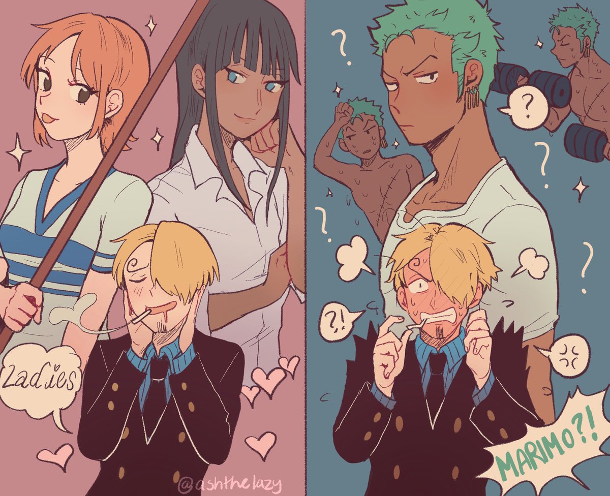 nami (one piece) ,roronoa zoro ,sanji (one piece) weightlifting multiple boys green hair ? shirt blonde hair anger vein  illustration images