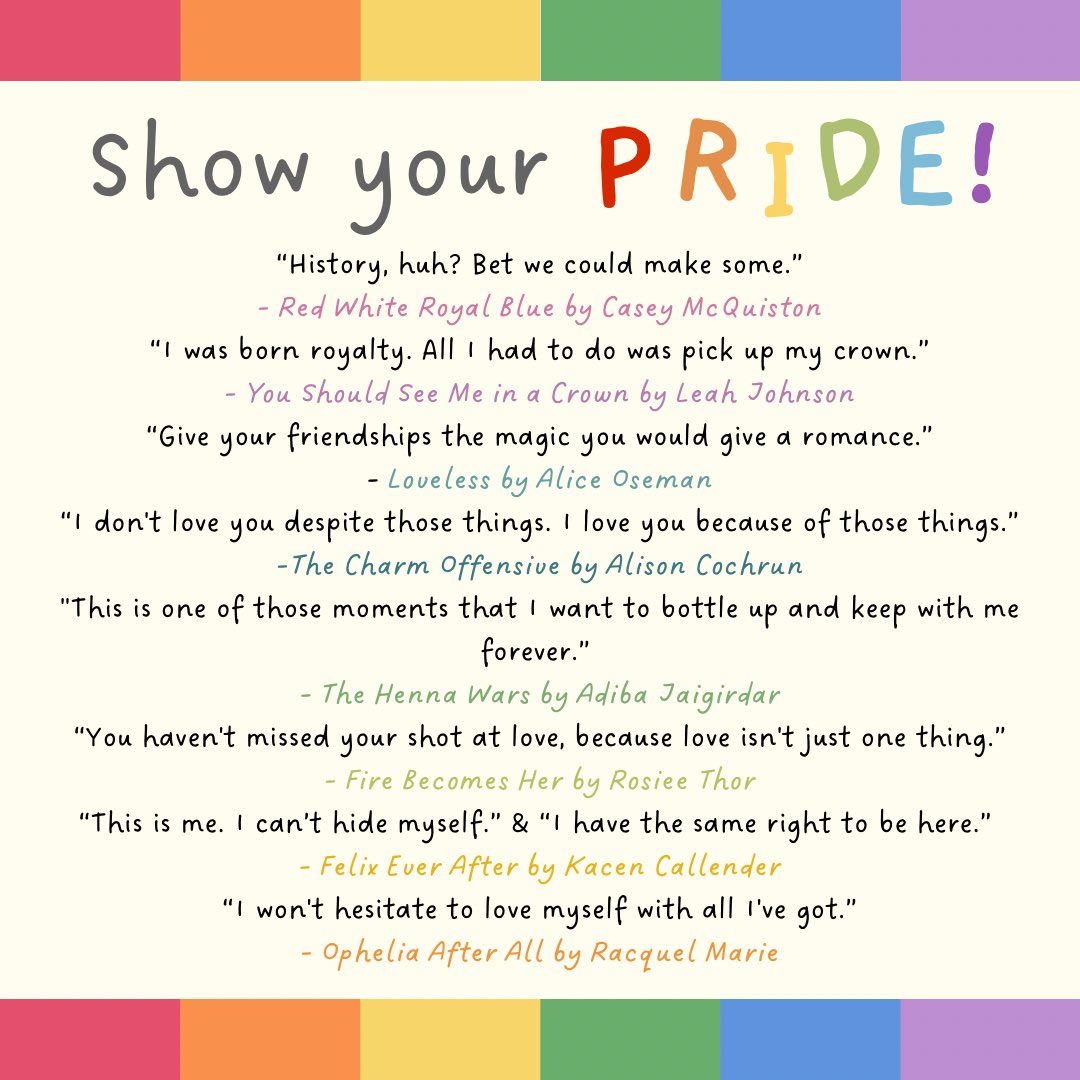 The design created by @rebireads features 8 quotes from some of our favorite queer books by these incredible authors:
@casey_mcquiston 
@byleahjohnson 
@AliceOseman 
@AlisonCochrun 
@adiba_j 
@RosieeThor 
@kacencallender 
@blondewithab00k