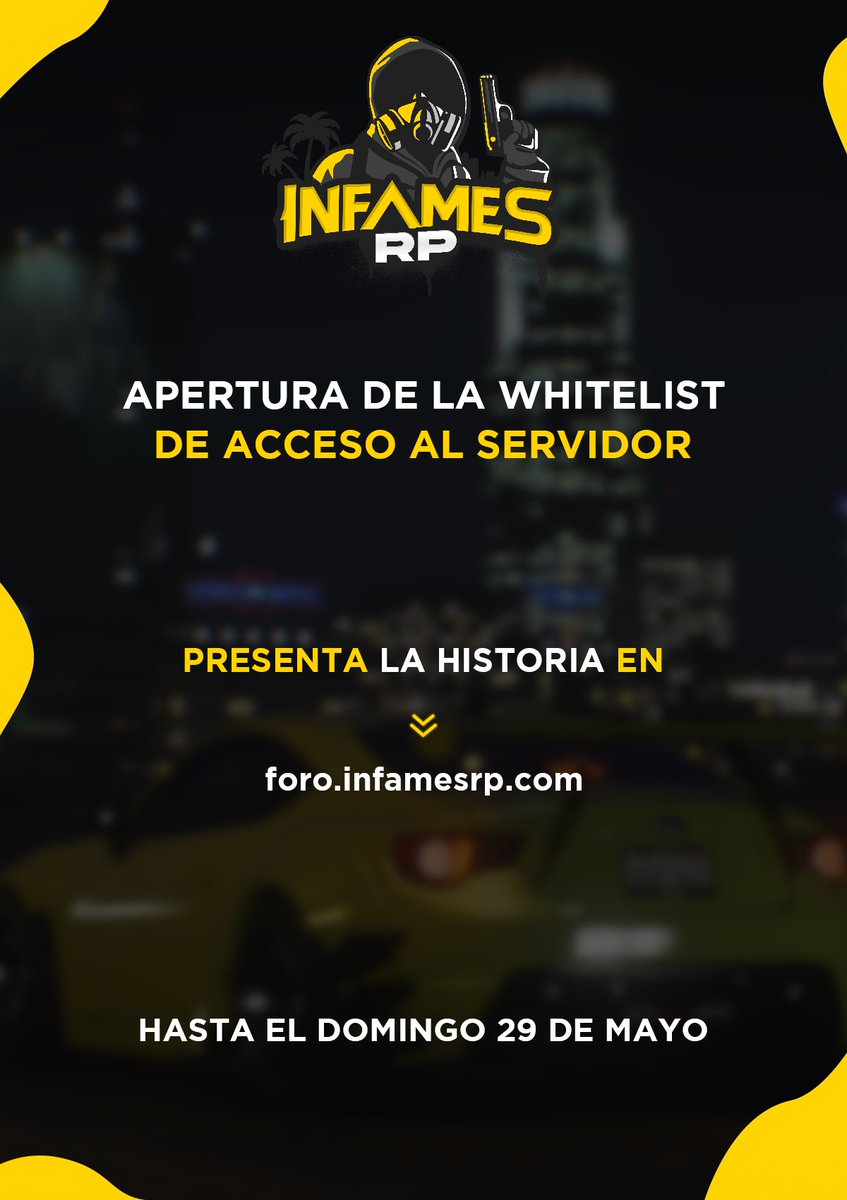 infamesinfor's tweet photo. [📢] WHITELIST ABIERTA

No pierdas la oportunidad de ingresar al servidor y empezar tu aventura en Los Santos! 

A partir de hoy y hasta el próximo domingo 29 de mayo la whitelist de InfamesRP estará abierta 

Recuerda que la edad mínima para ingresar al servidor es +18 años https://t.co/axMz5o6IWP