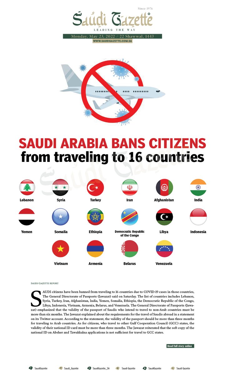Saudi_Gazette's tweet image. #SaudiArabia bans citizens from traveling to 16 countries — saudigazette.com.sa/article/620801