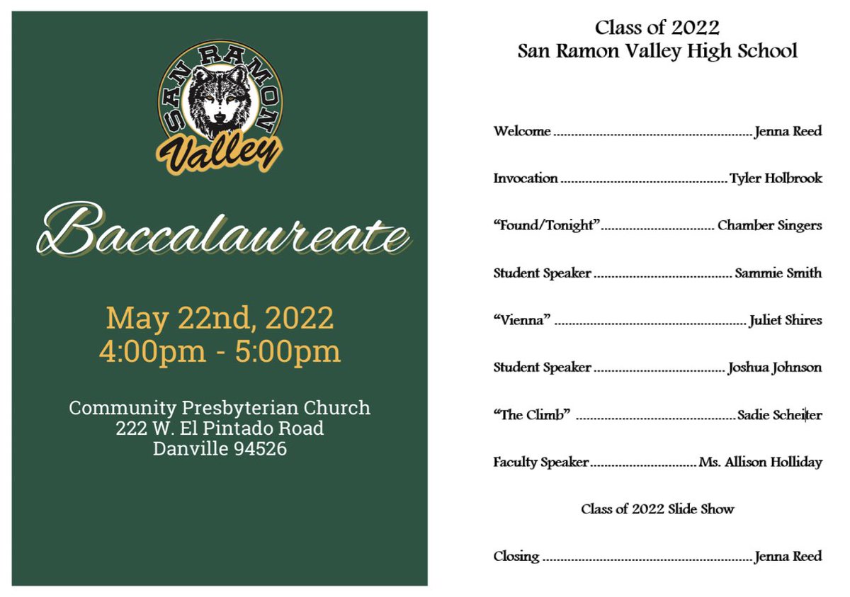 San Ramon Valley HS (@wersr) on Twitter photo ๐ฃ SRV Baccalaureate 2022 ONLINE
For those who are not attending in person, hereโs the link to the Live Stream: vimeo.com/event/2138453
<a href="/CPCdanville/">CPC Danville, A Community Church</a>
<a href="/willfordjanet/">Janet Willford</a> ๐ฃ SRV Baccalaureate 2022 ONLINE
For those who are not attending in person, hereโs the link to the Live Stream: vimeo.com/event/2138453
<a href="/CPCdanville/">CPC Danville, A Community Church</a>
<a href="/willfordjanet/">Janet Willford</a>