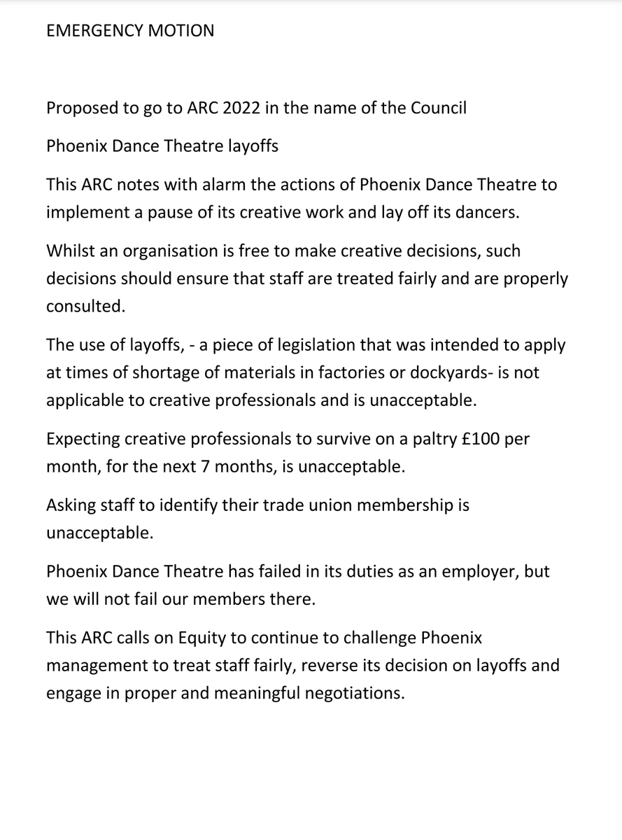 An emergency motion has just been passed in support of dancers laid off by <a href="/PhoenixLeeds/">Phoenix Dance Theatre</a> #EquityARC2022 <a href="/EquityUK/">Equity</a>
This union of 47,000 workers just told the management to reverse these senseless &amp; unnecessary layoffs!
