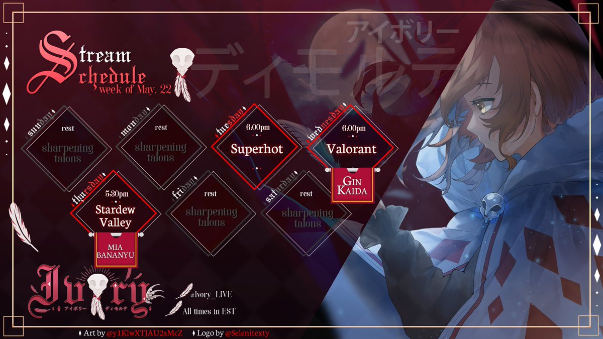 Ivory_Dimorte's tweet photo. ❅May 22 - 28 ❅

I'm trying out superhot for the first time! super excited~ Gonna also be playing some Valorant with @ayanokojigin and @Kaida_Tenshi. 
Finally PekPek farm is coming back!!! excited to keep farming alongside @itsnobelium and @bananyuu~ 

#Ivory_LIVE | #ENVtuber https://t.co/lIOqBNpkwp