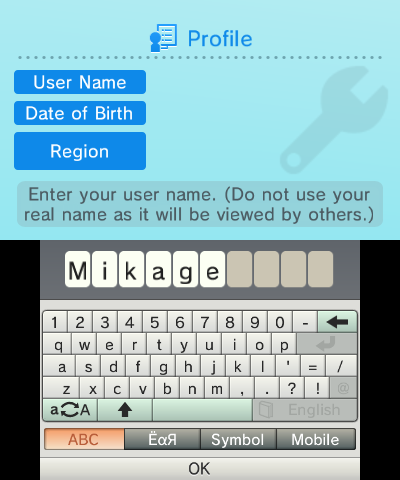 Configuring your profile user name in Mikage. Top screen is tinted blue due to a color conversion bug.