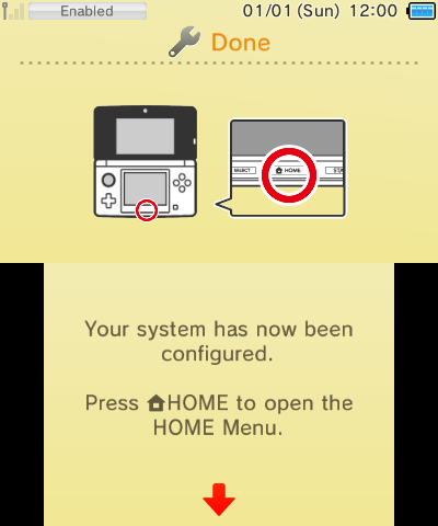 Initial system setup complete! Press HOME button to switch to the Home Menu.
