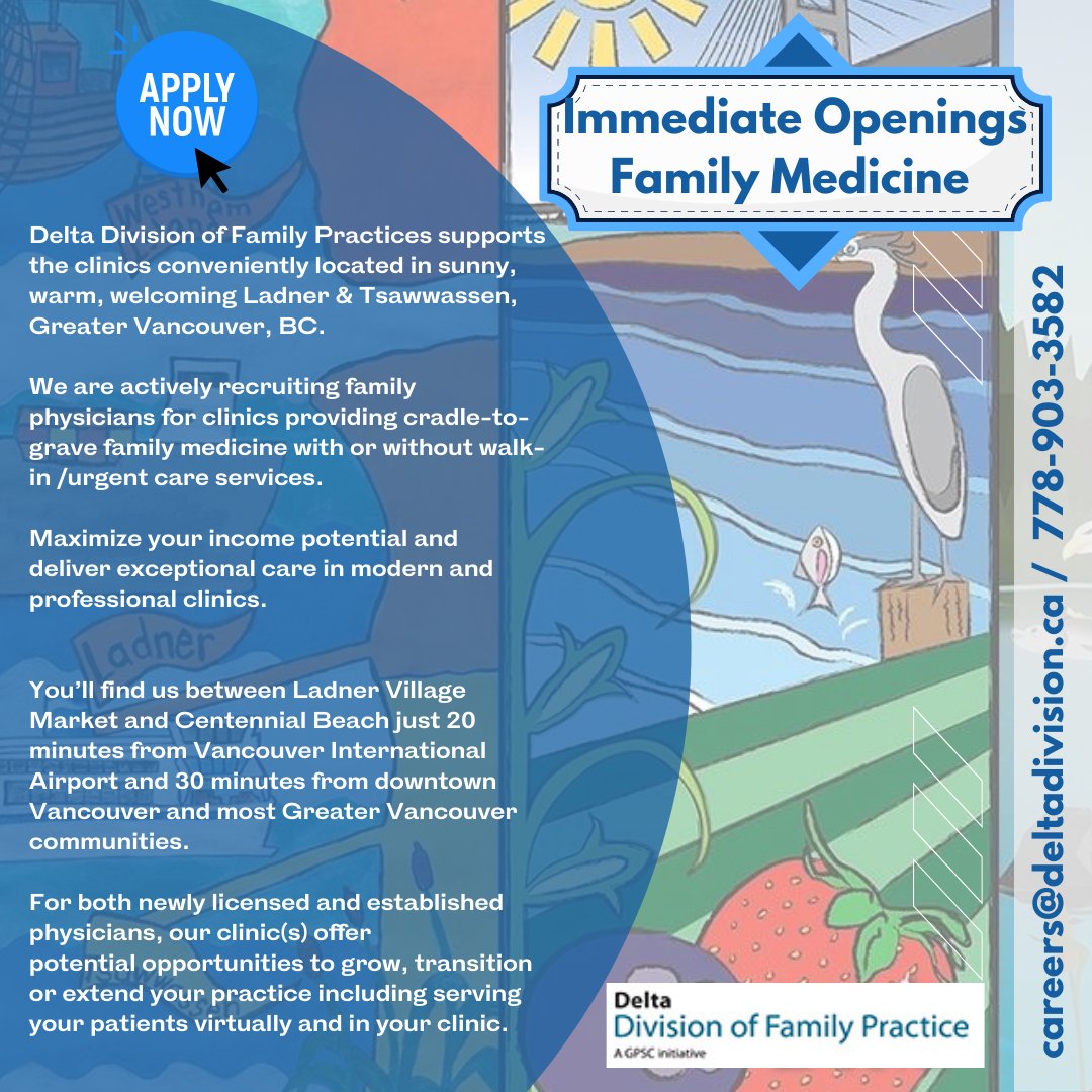 Did you know Tsawwassen means  land facing the sun?  and for every day of sunshine Vancouver gets, that Tsawwassen gets three!  We currently have excellent Family Medicine Physician Opportunities in clinics lCall/Text 7789033582 Email careers@deltadivision.bc #familymedicine