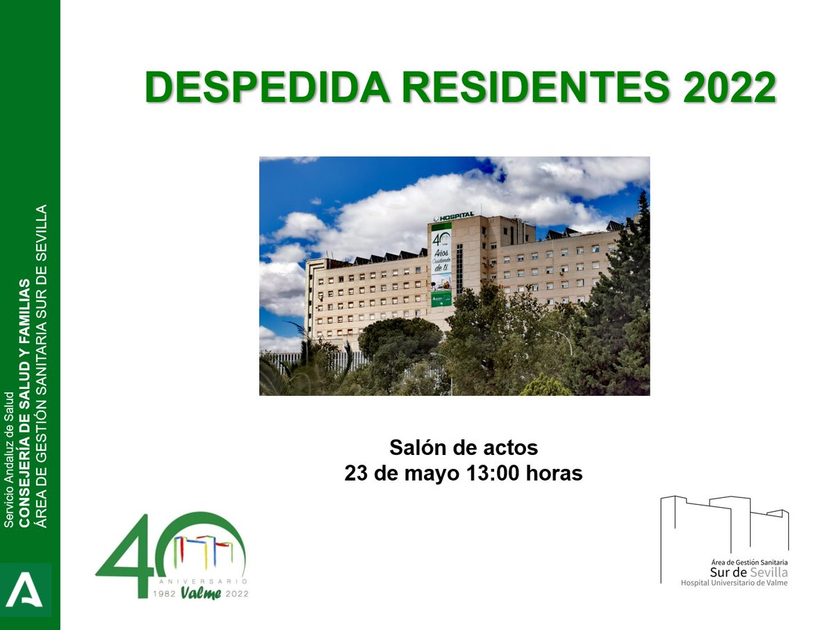 Comisión de Docencia HUV Valme (@cdhuvvalme) on Twitter photo 🏥Acto de despedida de residentes #FIR #MIR #PIR del <a href="/AGSSurSevilla/">AGS Sur de Sevilla</a>: Lunes 23 de mayo a las 13:00 h en el salón de actos del #HospitalValme
Os esperamos!!! 🏥Acto de despedida de residentes #FIR #MIR #PIR del <a href="/AGSSurSevilla/">AGS Sur de Sevilla</a>: Lunes 23 de mayo a las 13:00 h en el salón de actos del #HospitalValme
Os esperamos!!!
