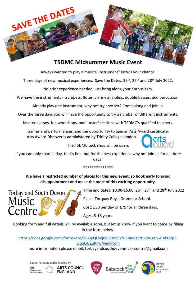 Our Midsummer Music Event is back. We have three days of new musical experiences on the 26th, 27th, &amp; 28th July 2022.  For more information please visit tsdmc.org.uk/contact-us/.