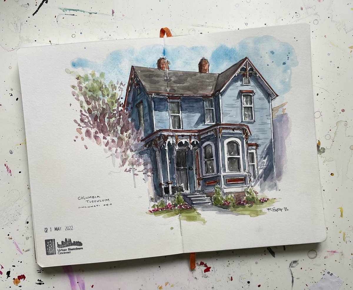 rewersdesigns's tweet photo. My sketch from our @USkCincinnati outing to Columbia Tusculum this weekend. The houses are just beautiful! 

#usk #urbansketchers #uskcincinnati #watercolor #painting #watercolorpainting #sketchbook #paintedladies #drawing #watercolorart #cincinnati #ohio #sketch https://t.co/9vqWzeEWAe