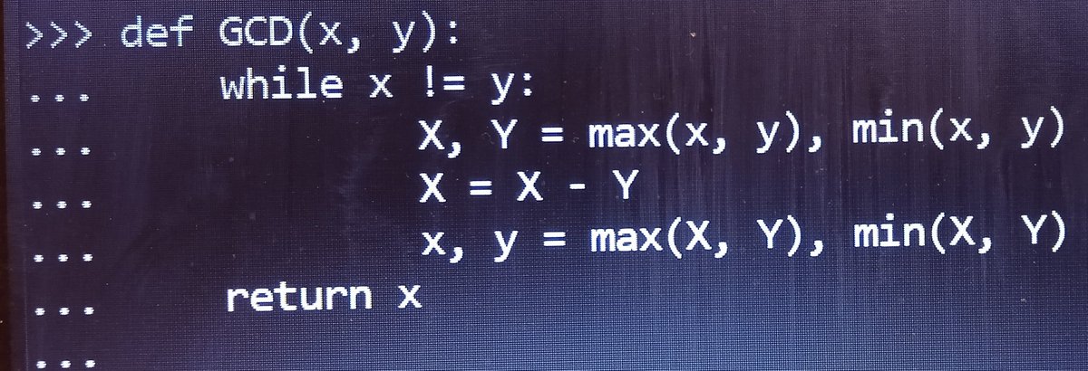 1markovicnikola's tweet photo. Was watching Turing Award Winner Leslie Lamport's lecture where he showed #Euclid #Algorithm  unconsciously i coded something that worked
#pythonprogramming
Btw in python shell you shouldn't make any error while typing https://t.co/di4Z1W0WRC