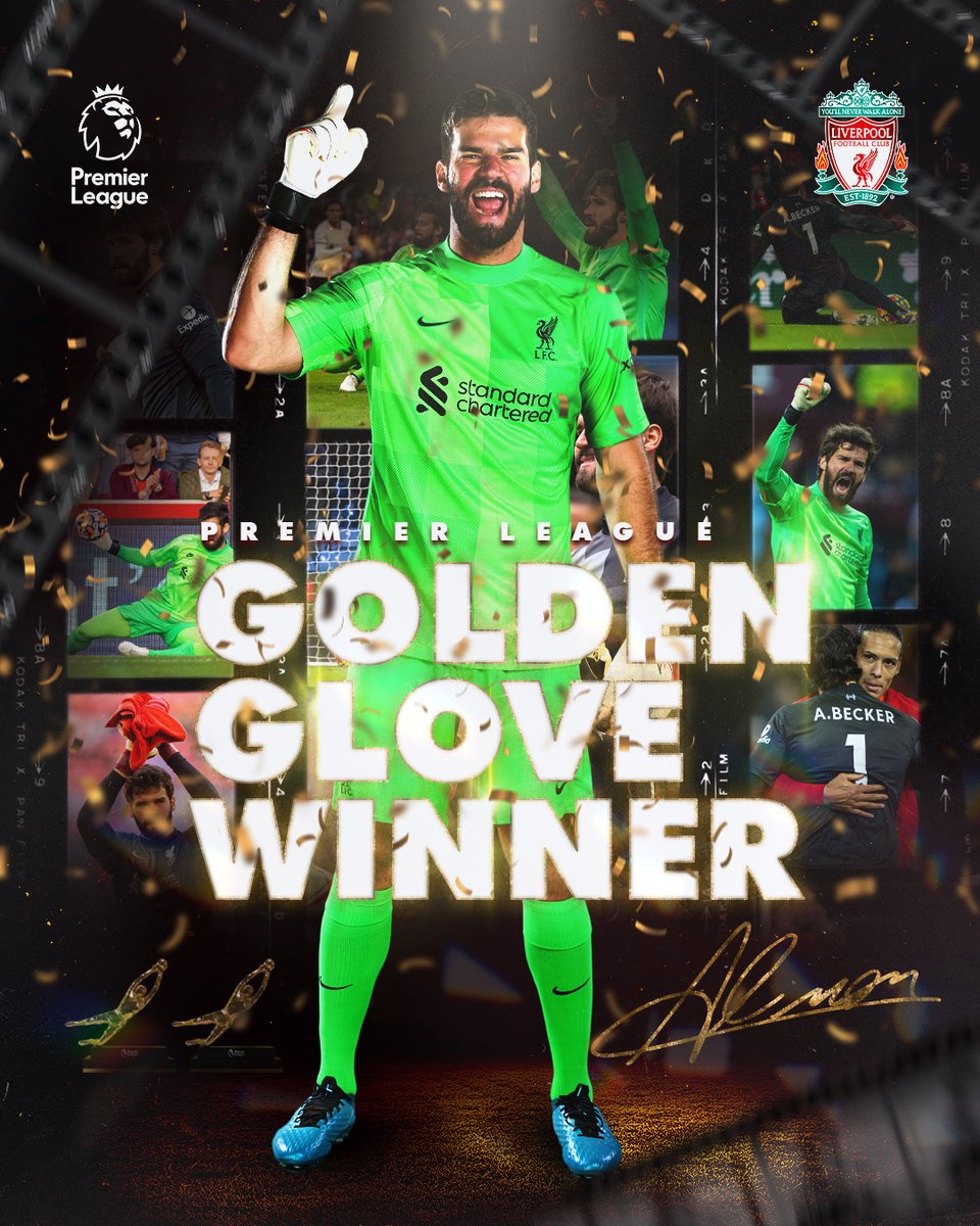LFC's tweet image. With 20 @PremierLeague clean sheets, @AlissonBecker collects the Golden Glove award 👏