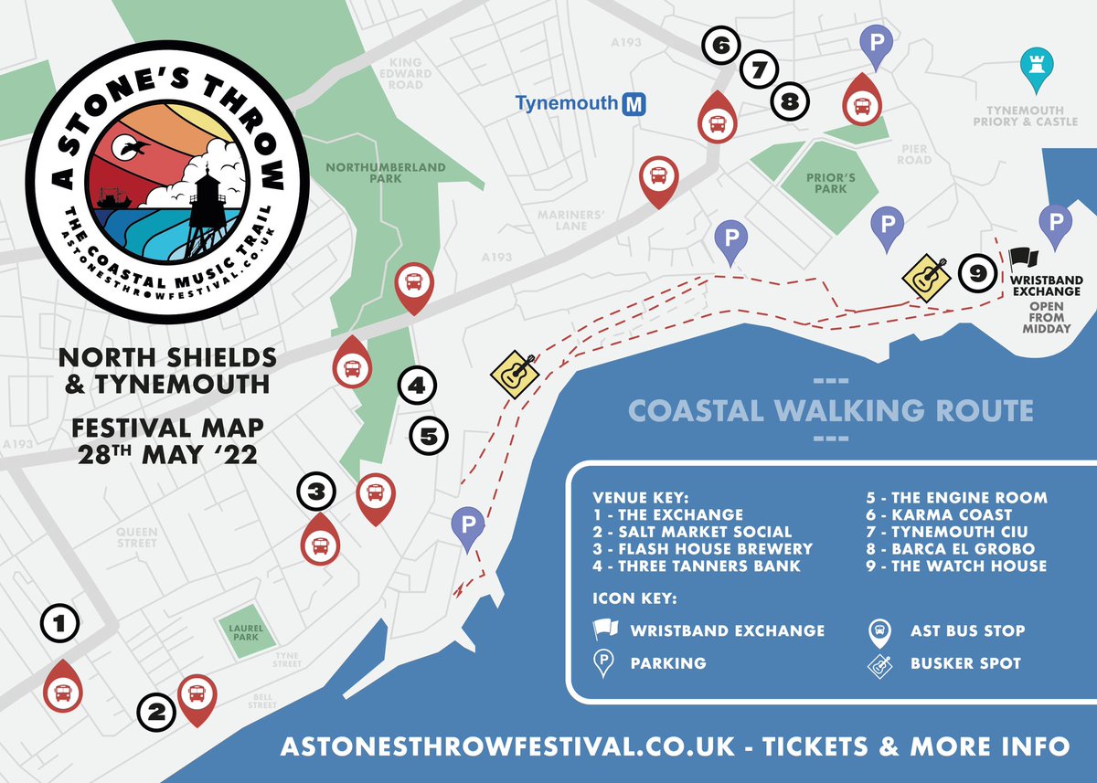 YOUR 22’ FESTIVAL MAP! 🗺 

🏠 9 Venues 
🎫 Wristband exchange (venue 9 from 12:00pm)
🚌 Convenient AST Fest bus stops (timings to follow)
🥁 Dedicated busker plots 
🚘 Recommended parking spots
🚂 Ideal Metro stop
🚶‍♀️ Coastal walking route 

🎫 bit.ly/AStonesThrow20…