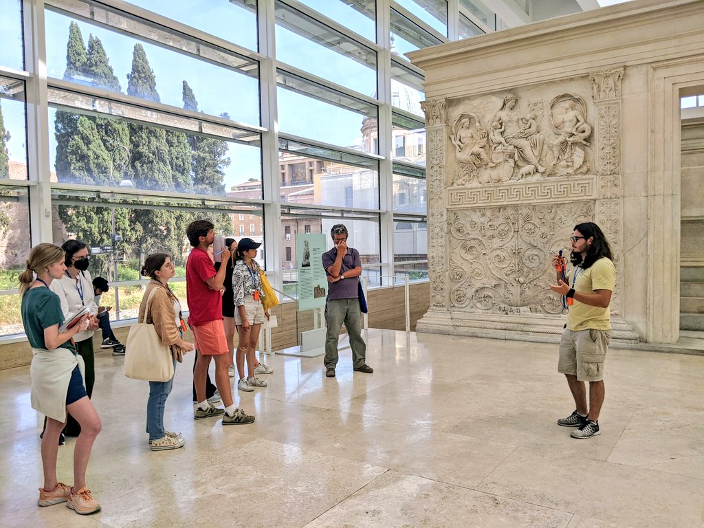 Classics22FSP's tweet photo. @Classics22FSP students split into groups to study the Ara Pacis and then presented different aspects of the ancient monument to their classmates, including panels depicting processions, mythological scenes, &amp; intricate floral motifs 🌿

2/

#rome #Archaeology #sculpture #Italy https://t.co/JHSMGgQqre