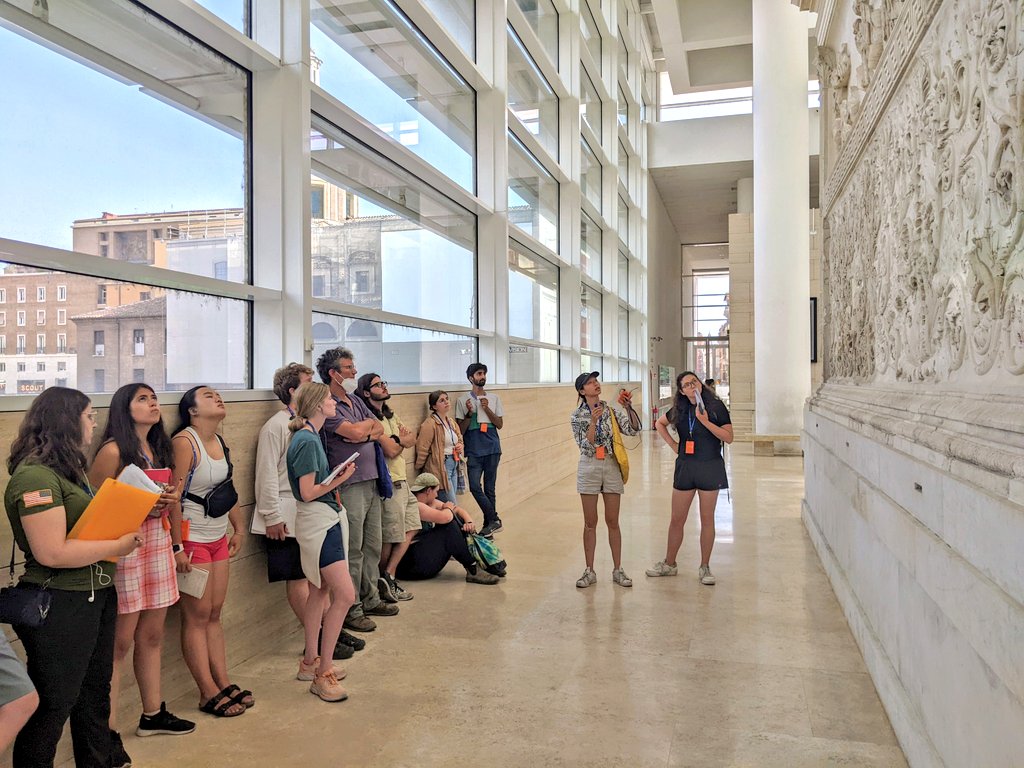 Classics22FSP's tweet photo. @Classics22FSP students split into groups to study the Ara Pacis and then presented different aspects of the ancient monument to their classmates, including panels depicting processions, mythological scenes, &amp; intricate floral motifs 🌿

2/

#rome #Archaeology #sculpture #Italy https://t.co/JHSMGgQqre